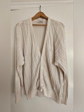 Vintage 70s Arnold Palmer Cream Cable Knit Cardigan Sweater XL Grandpa Sweater